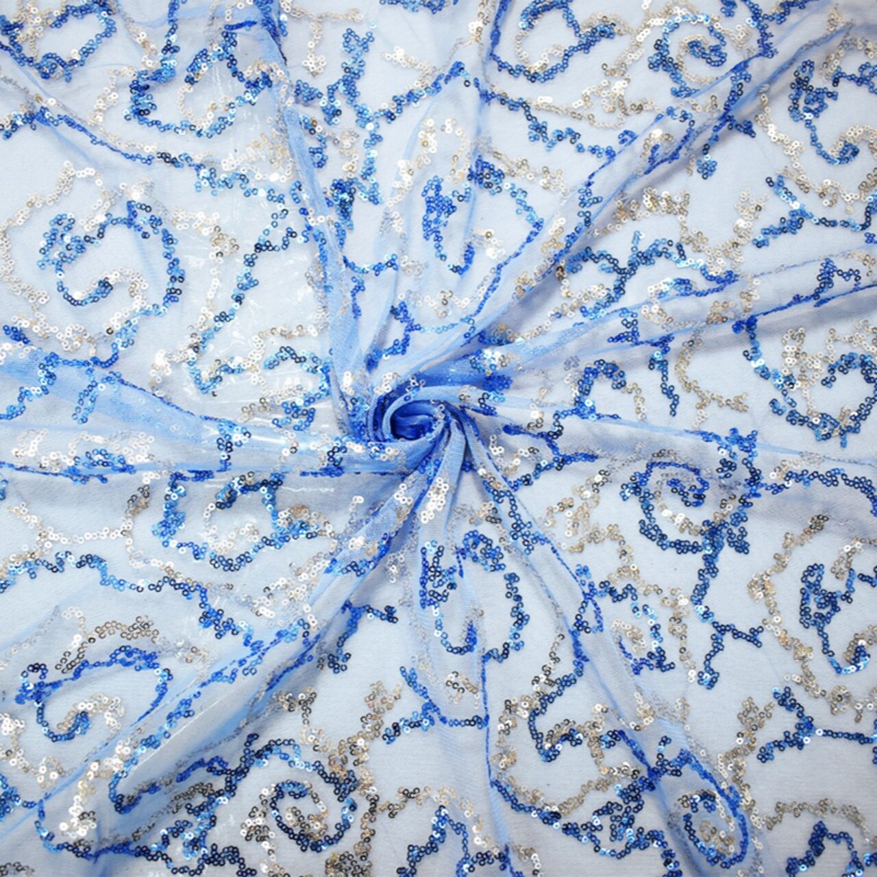 Blue-Silver Nylon Sequined Abstract Swirl Mesh Tulle Fabric By the Yard